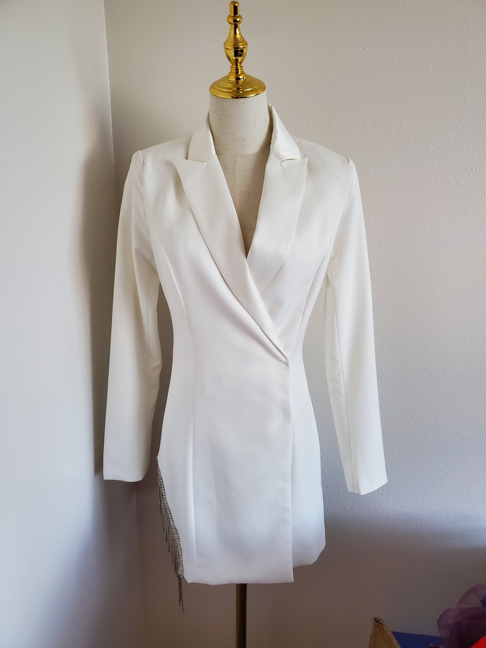 Main Strip White Draped Blazer Dress with Chain Detail